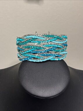 Boho Western Turquoise Multi-Row Beaded Cuff Bracelet - Women Jewelry